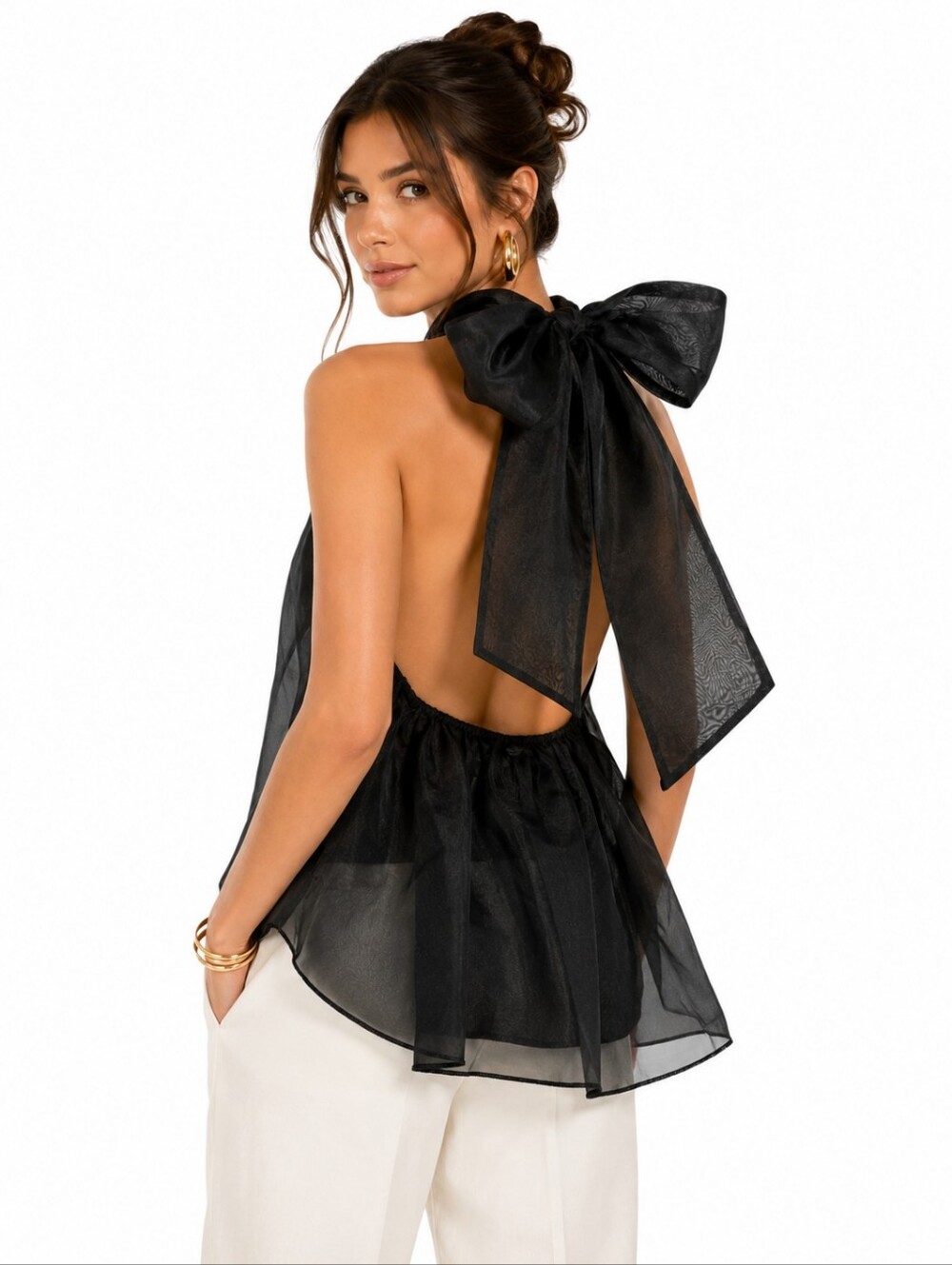 Mable Halter Top S Black Organza Open Back Oversized Bow NWOT